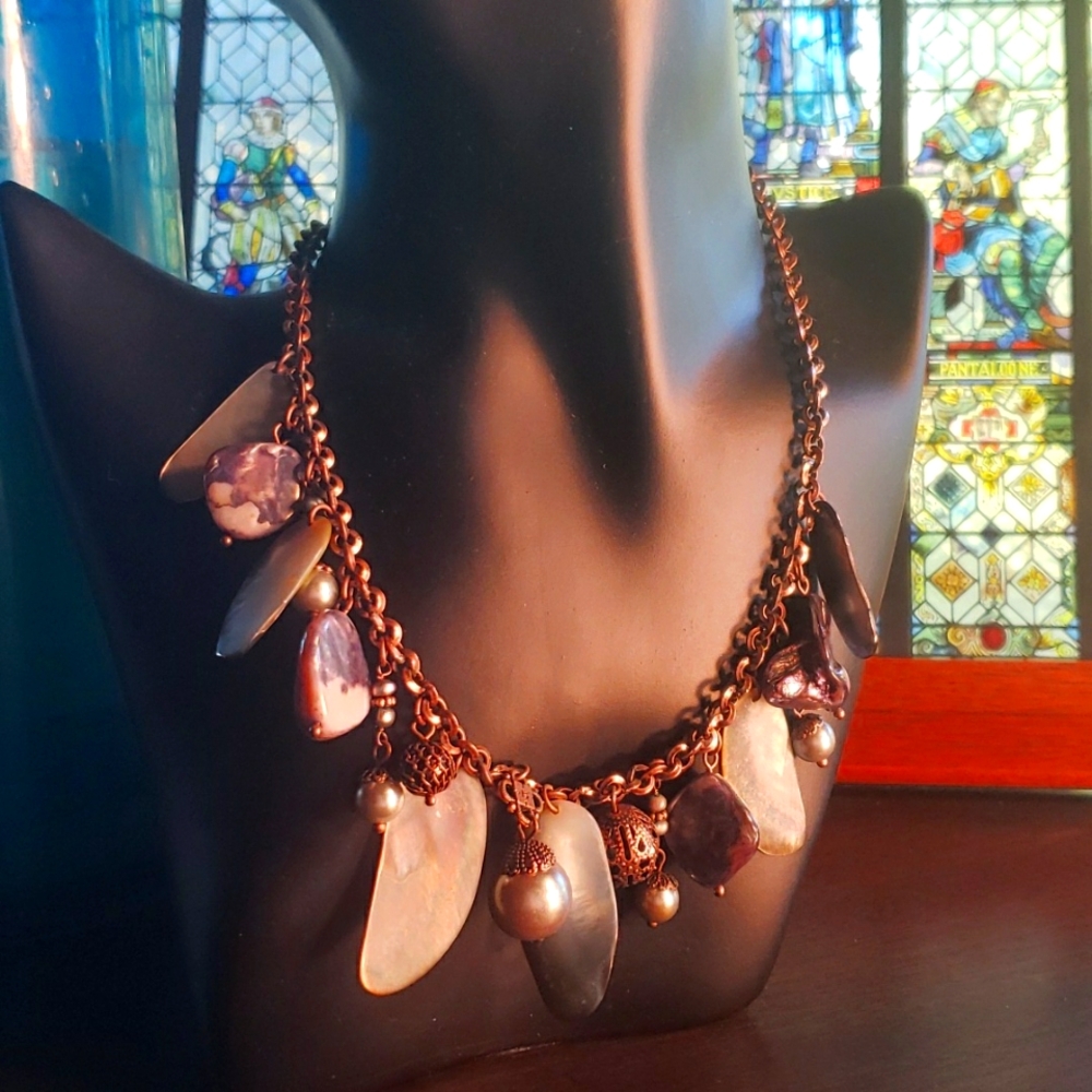 LIA SOPHIA Copper Tone Abalone Shell Faux Pearl Necklace Dangle Charms - Retired